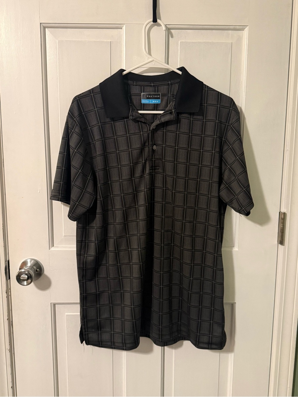 PGA Tour Men’s Black Grid-Print Polo Golf Shirt